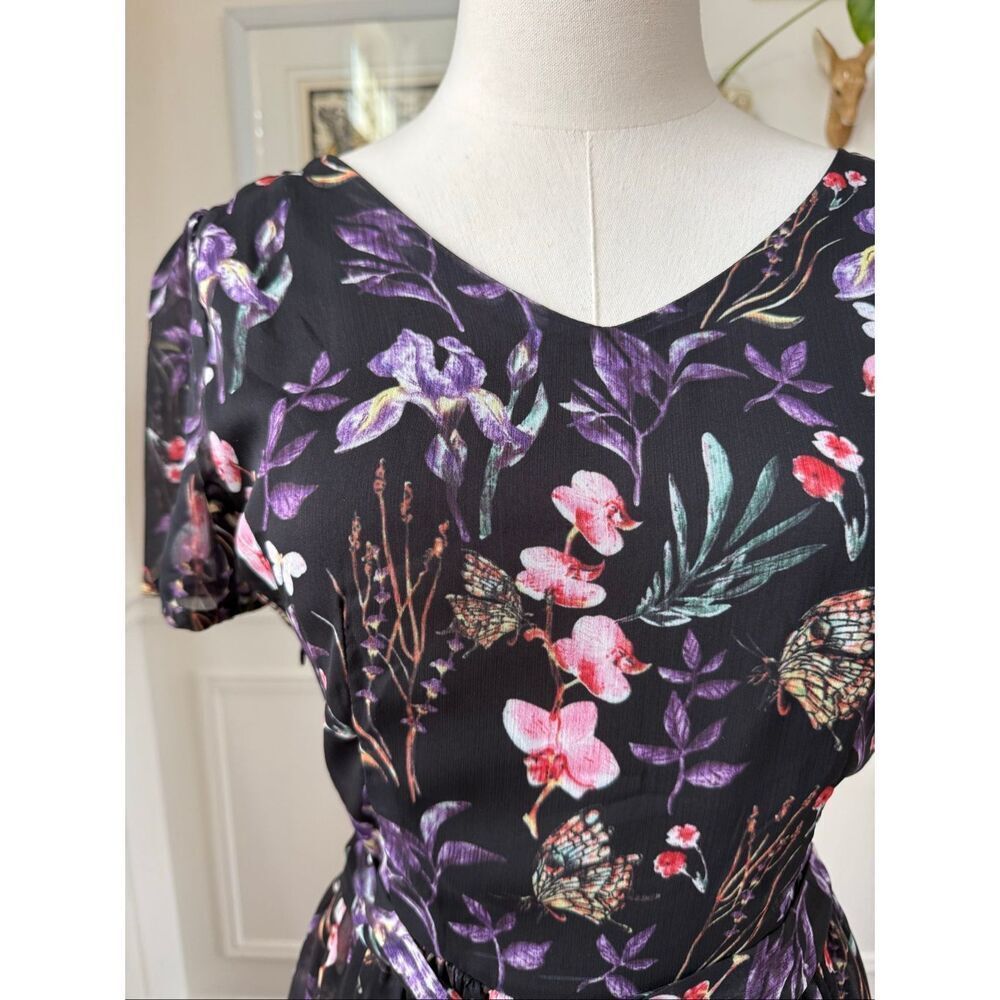 G•W•E Midi Floral Butterfly Chiffon Short Sleeve Dress L - Picture 3 of 9